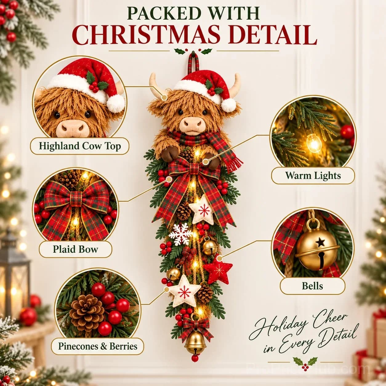 Lighted Highland Cow Christmas Door Swag - View 3