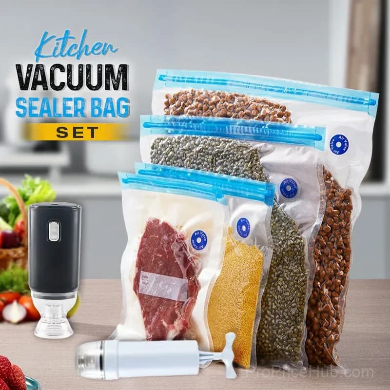Kitchen Vacuum Storage Bag Set, Small, 15-Piece, Gray with Manual Pump - View 2