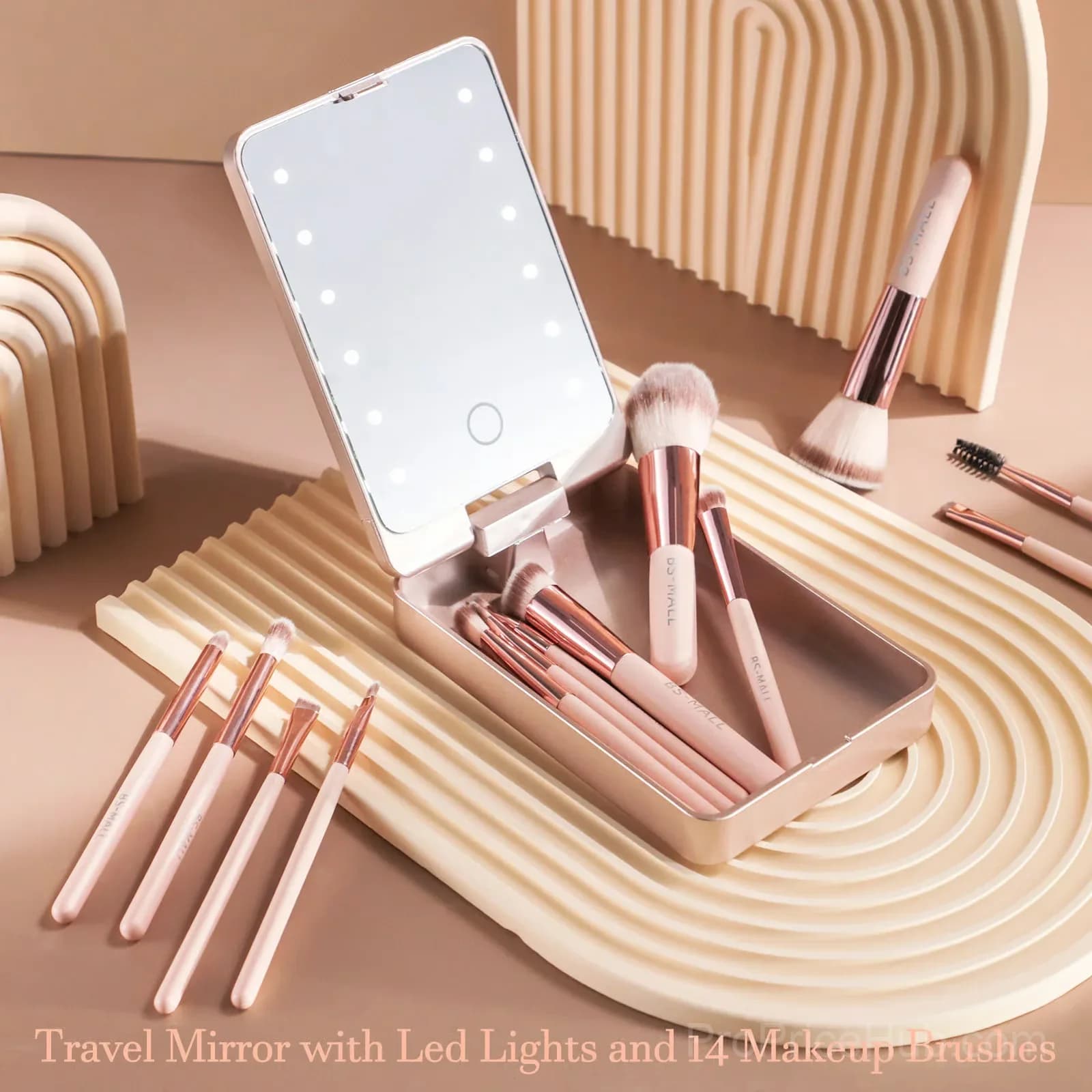 Pink Portable Makeup Brush Set with LED Light - View 2