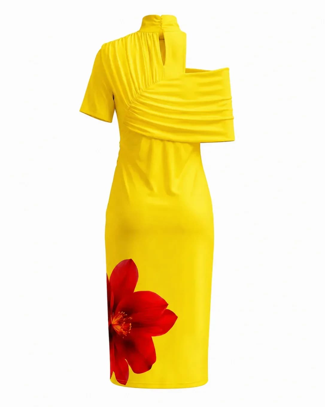 One-Shoulder Asymmetrical Midi Dress with Large Floral Print - View 3