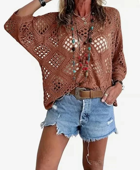 Women's Bohemian V-Neck Crochet Top, Khaki, Size S - View 8