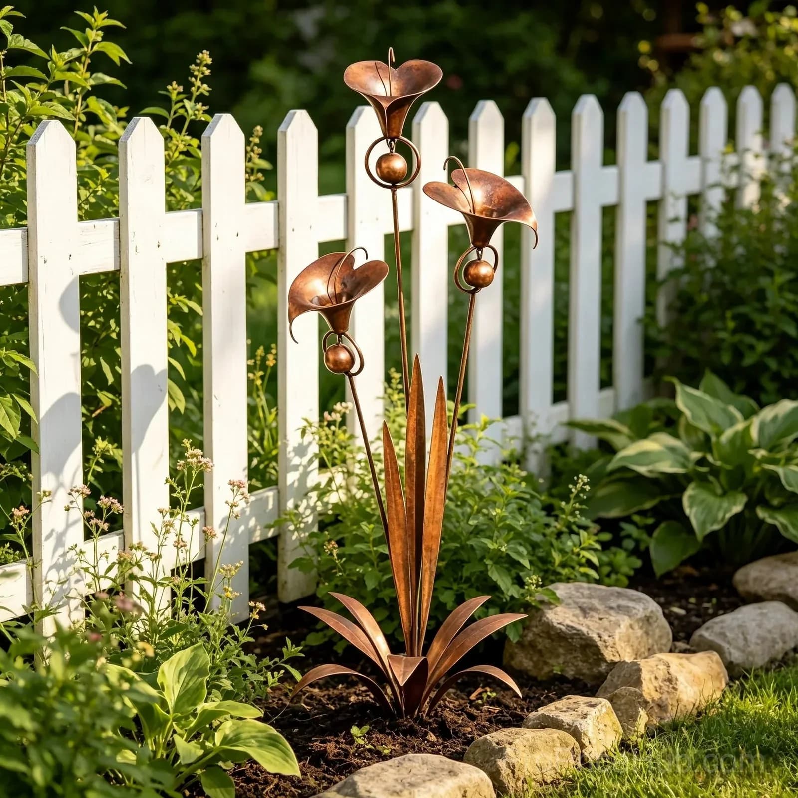 Flamed Copper Three Calla Lilies Garden Stake with Bells - View 9