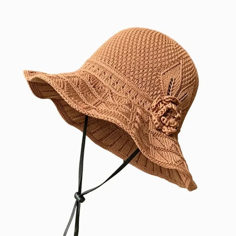 Women's Crochet Bucket Hat with Flower Accent - View 12