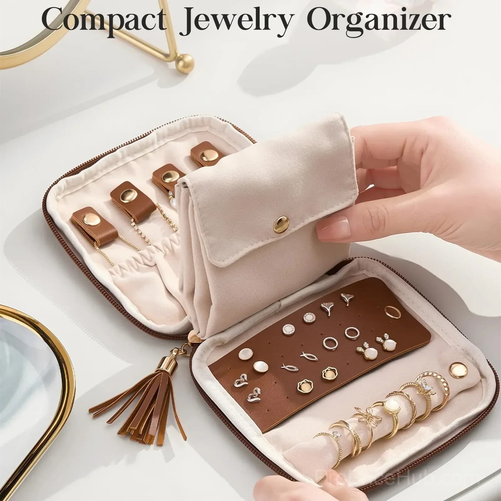 Travel Jewelry Organizer Case with Compartments, Brown PU Pouch - View 8