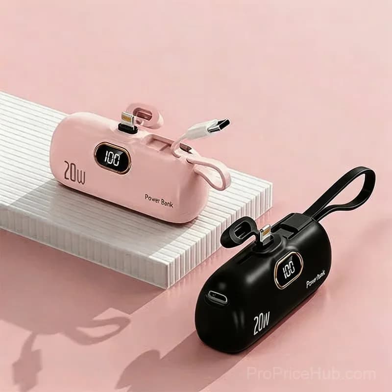Mini Portable Charger with Built-In Cable, Black/White - View 3