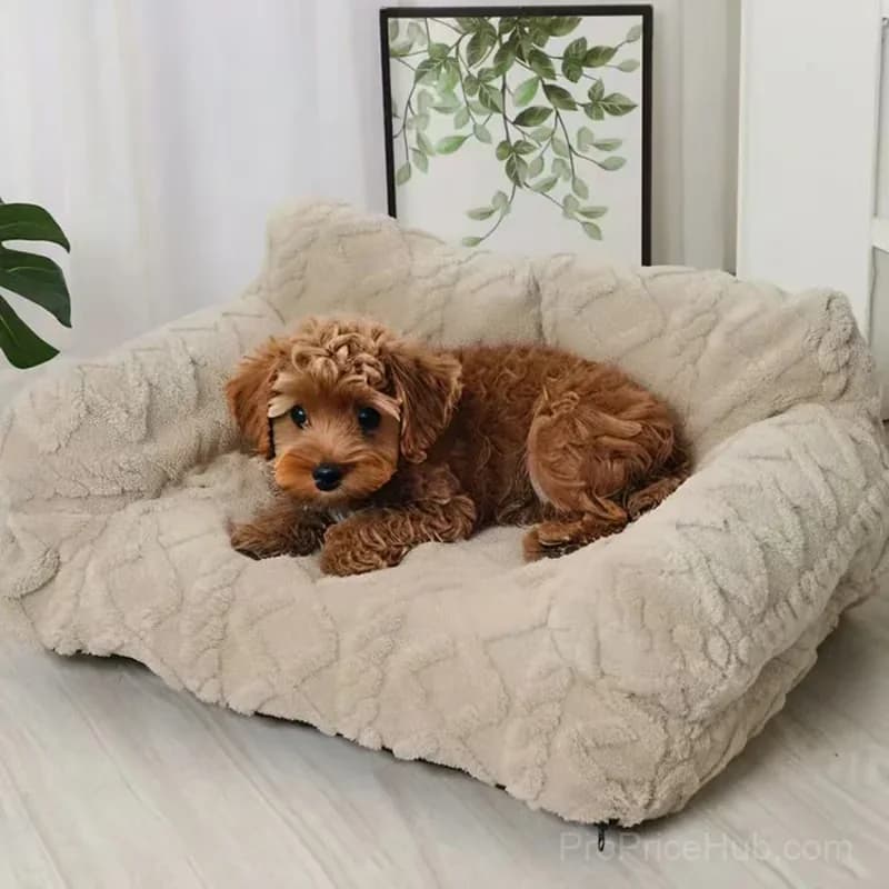 Beige Plush Pet Sofa Bed, Small 45x39x21 cm, Removable Cover - View 4