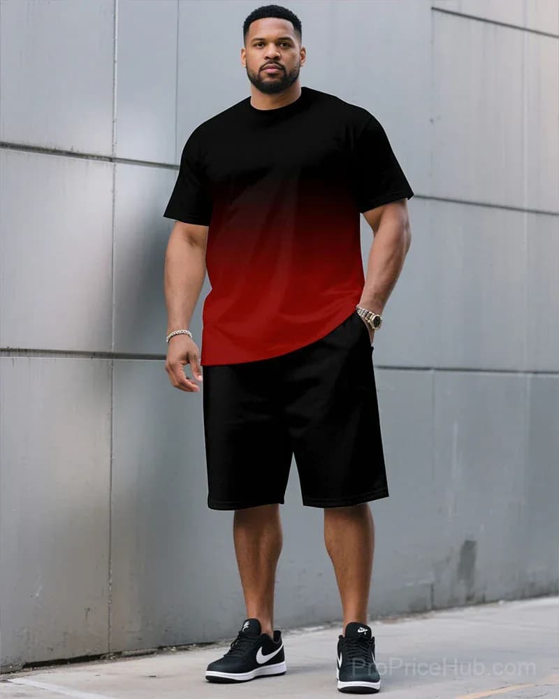 Men's Plus Size Black & Red Gradient T-Shirt and Shorts Set - View 2