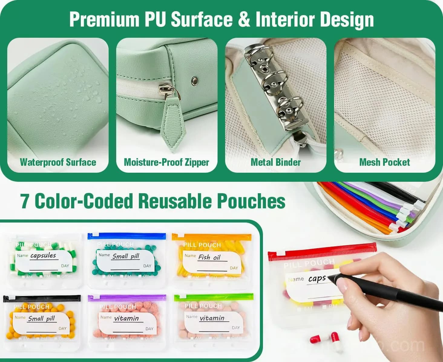 A8 Green Waterproof Pill Case Set, 7-14 Day Medication Organizer - View 4