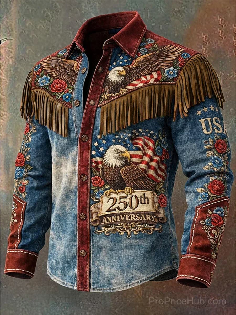 Men's Retro Western Art Print Long Sleeve Tassel Shirt - View 2