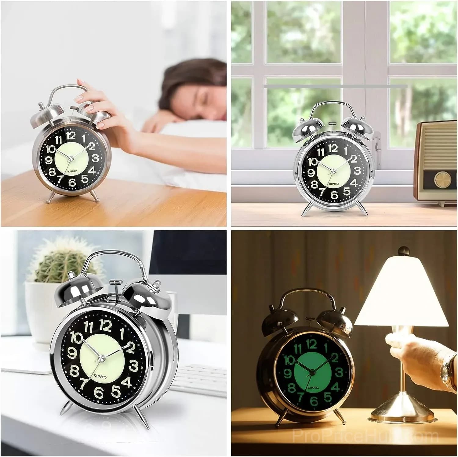 Retro Double Bell Alarm Clock, 4-Inch Silent Quartz with Luminous Dial - View 3