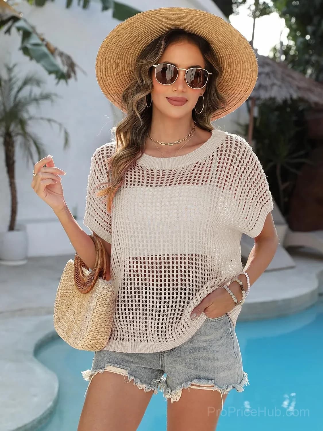 Short Sleeve Casual Crochet Knit Crop Top – Lightweight Summer Top - View 17