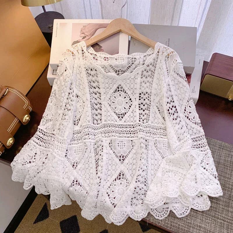 Women's Vintage Lace Cover-Up Blouse – Flare Sleeves Bohemian Beachwear - View 8
