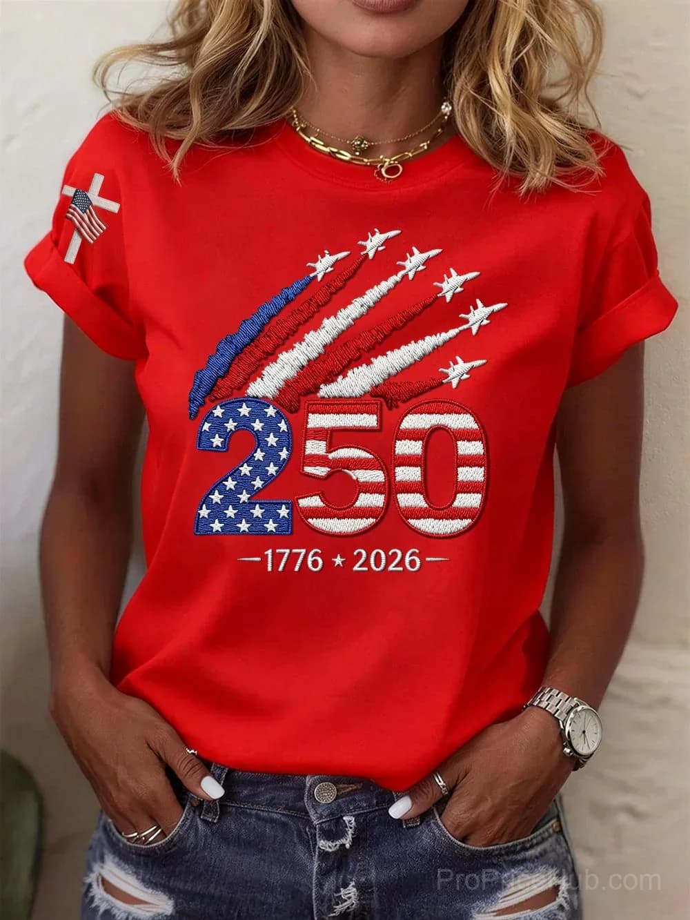 Women's USA 250th Anniversary Embroidered Print Crew Neck Short Sleeve T-Shirt - View 5