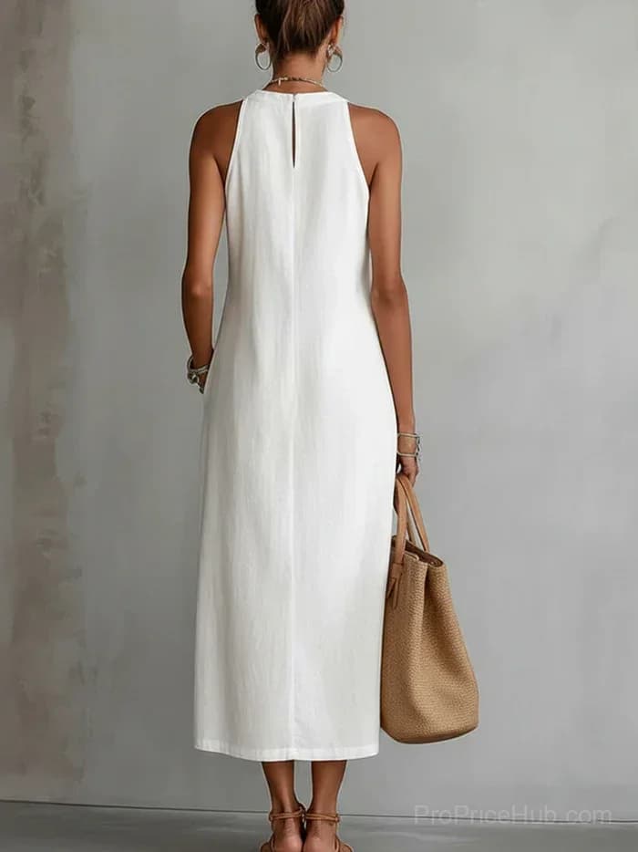 Retro Linen Lace Dress with Minimalist Design - View 3