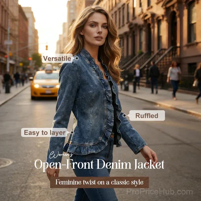 Women's Denim Jacket, Open Front, Ruffle Trim, Lightweight, Classic Wash - View 2