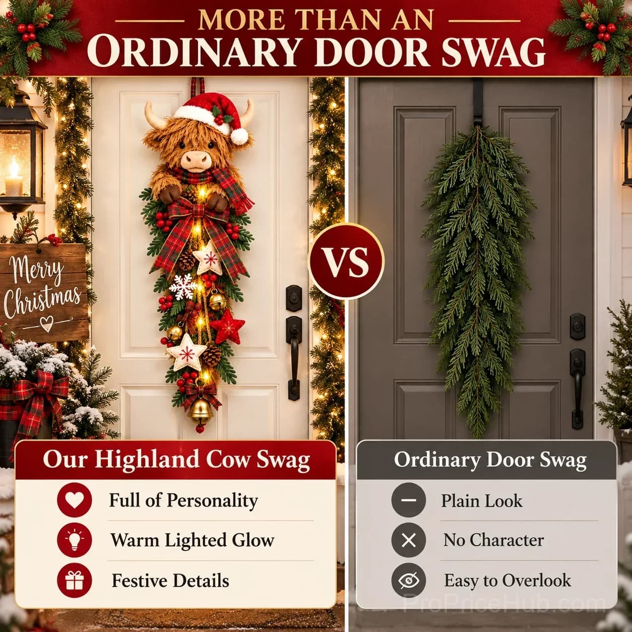 Lighted Highland Cow Christmas Door Swag - View 4