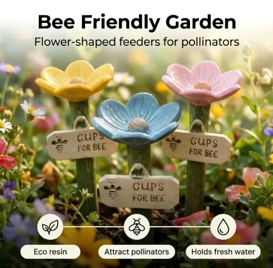 Flower-Shaped Resin Bee Watering Station, Pink - View 11