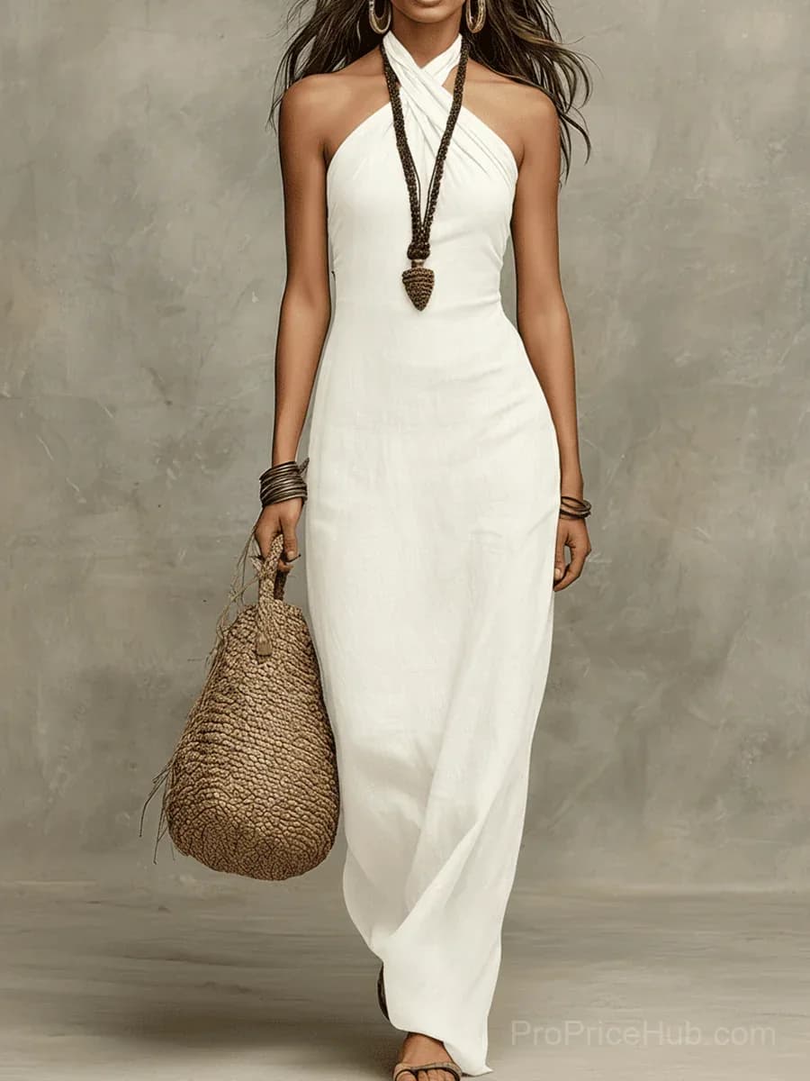 Relaxed Soft Drape Linen Halter Maxi Dress - View 4
