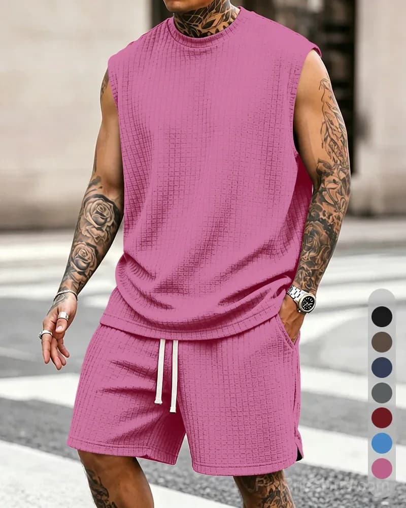 Men's Solid-Color Ribbed Sleeveless Vest & Shorts Set (S-8XL) - View 10