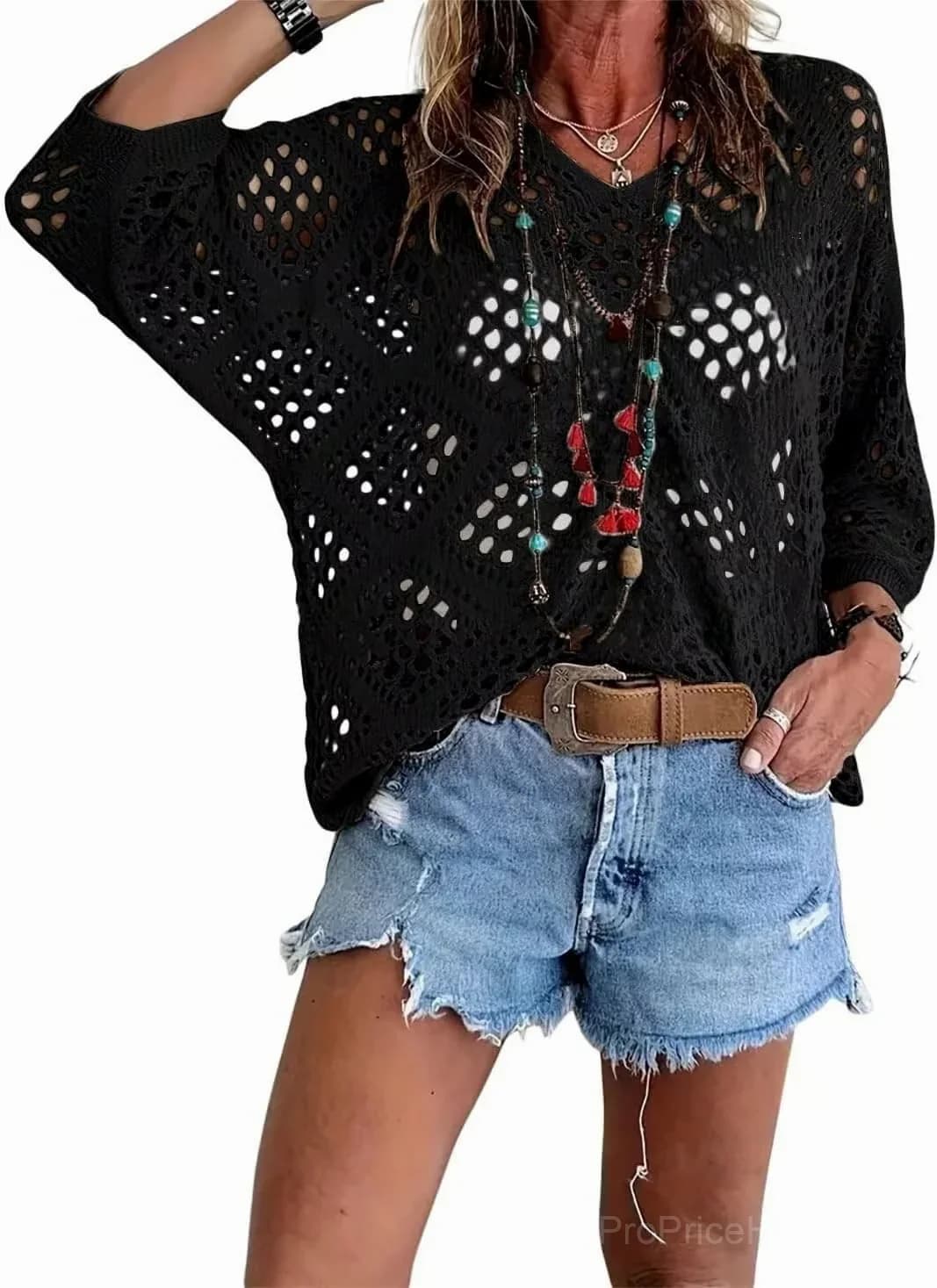 Women's Bohemian V-Neck Crochet Top, Khaki, Size S - View 9
