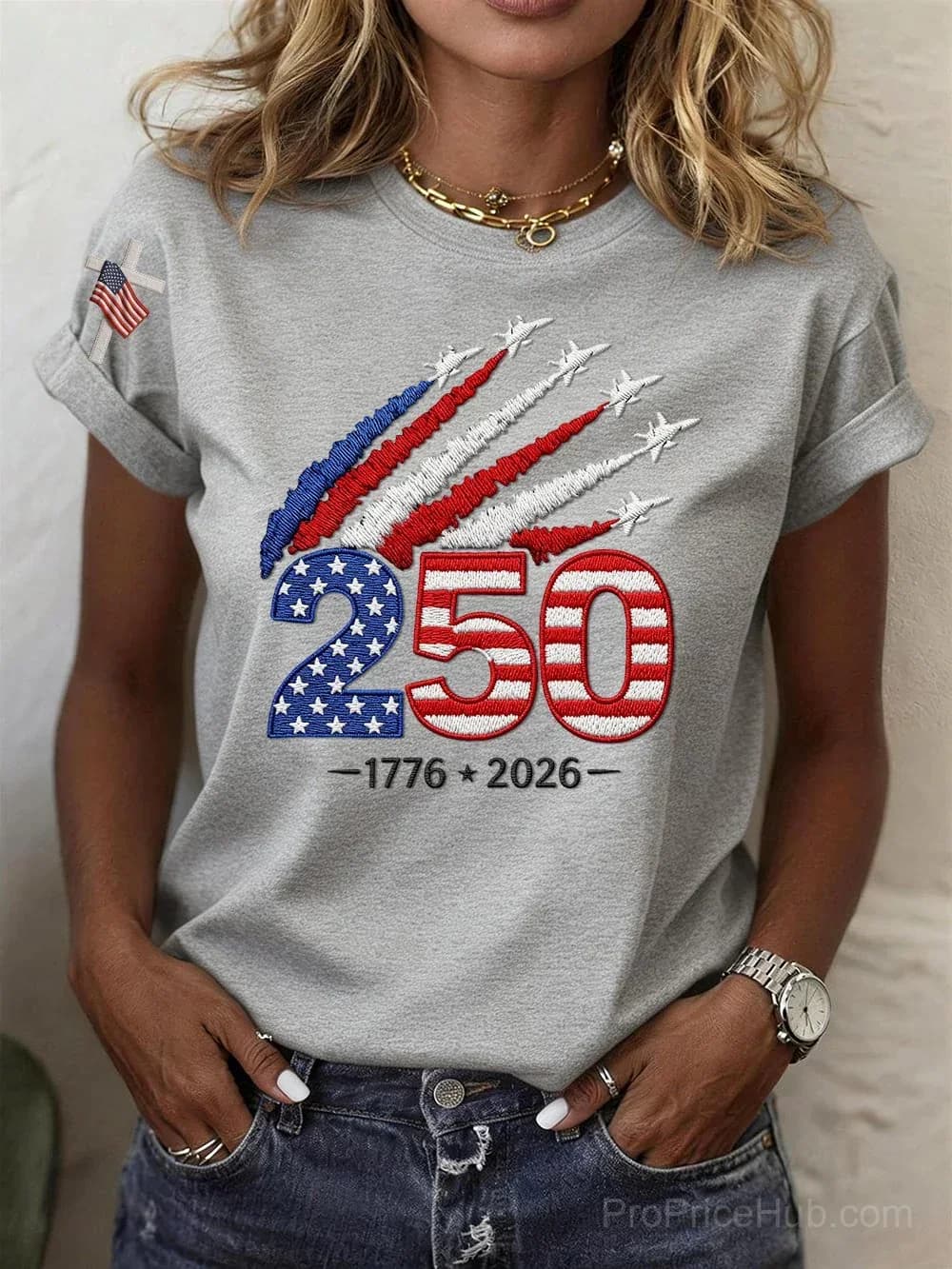 Women's USA 250th Anniversary Embroidered Print Crew Neck Short Sleeve T-Shirt - View 4