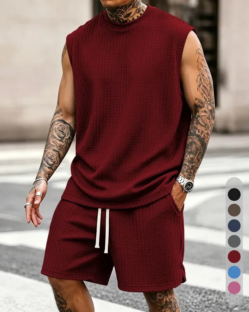 Men's Solid-Color Ribbed Sleeveless Vest & Shorts Set (S-8XL) - View 12