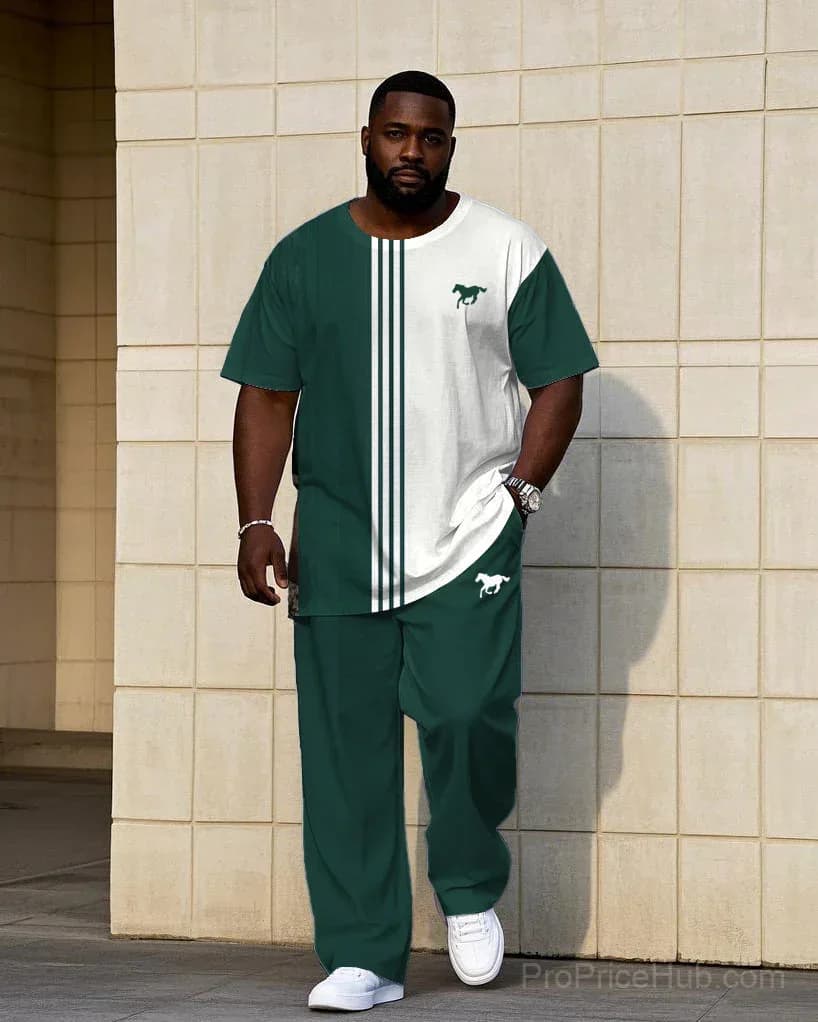 Big & Tall Men's Short Sleeve Tee & Pants Set - White/Green Contrast Stripe - View 2