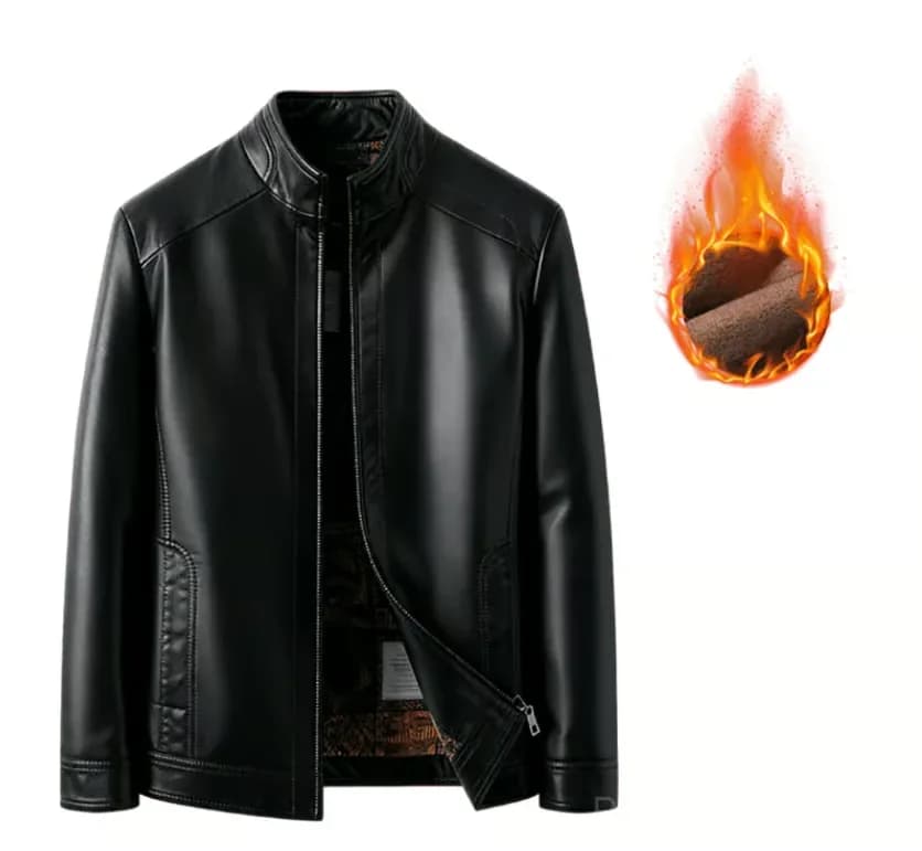 Men’s Black Leather Jacket with Warm Plush Lining, Size M - View 10