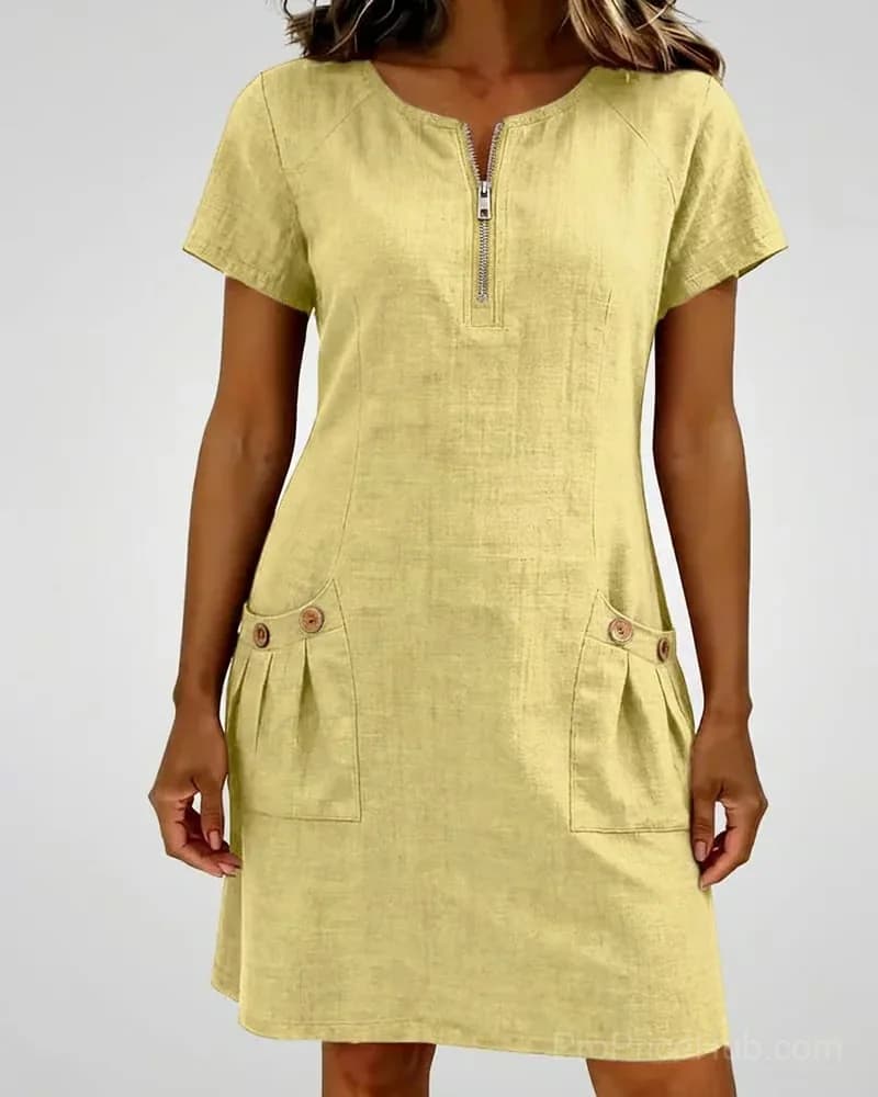 Cotton Linen Dress with Zipper Pocket, Red, US 4 (S) - View 6