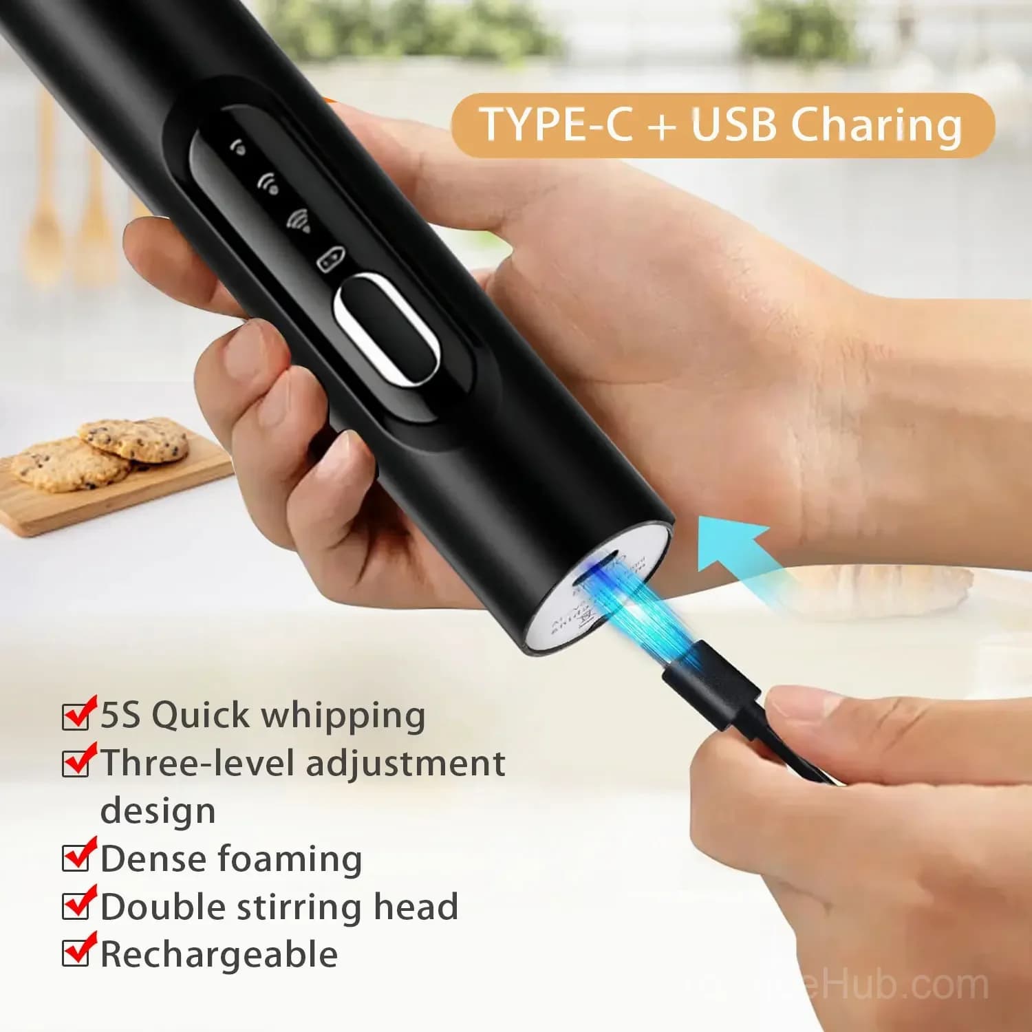 Rechargeable 3-Speed Handheld Milk Frother Wand for Drinks - View 8