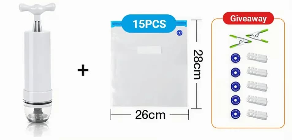 Kitchen Vacuum Storage Bag Set, Small, 15-Piece, Gray with Manual Pump - View 12
