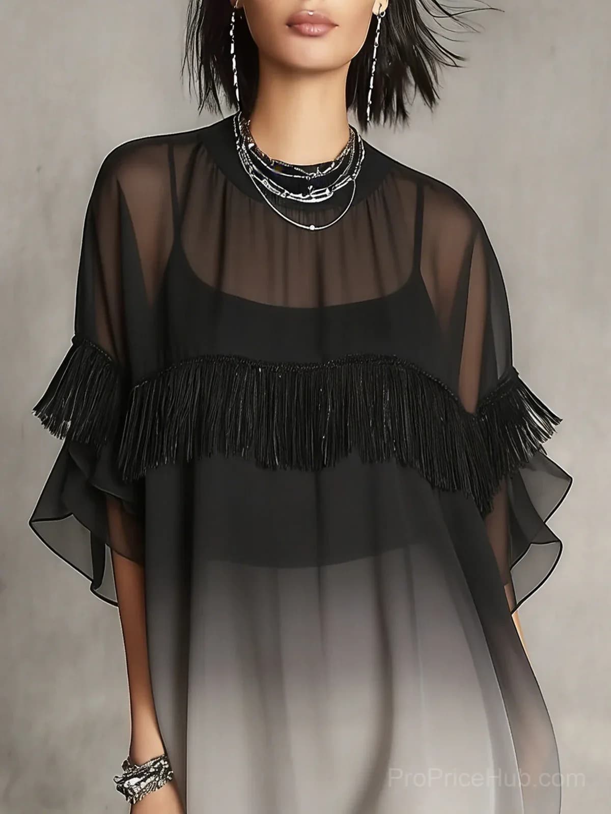 Black Ombre Sheer Fringe Detail Floaty Mini Dress - View 4