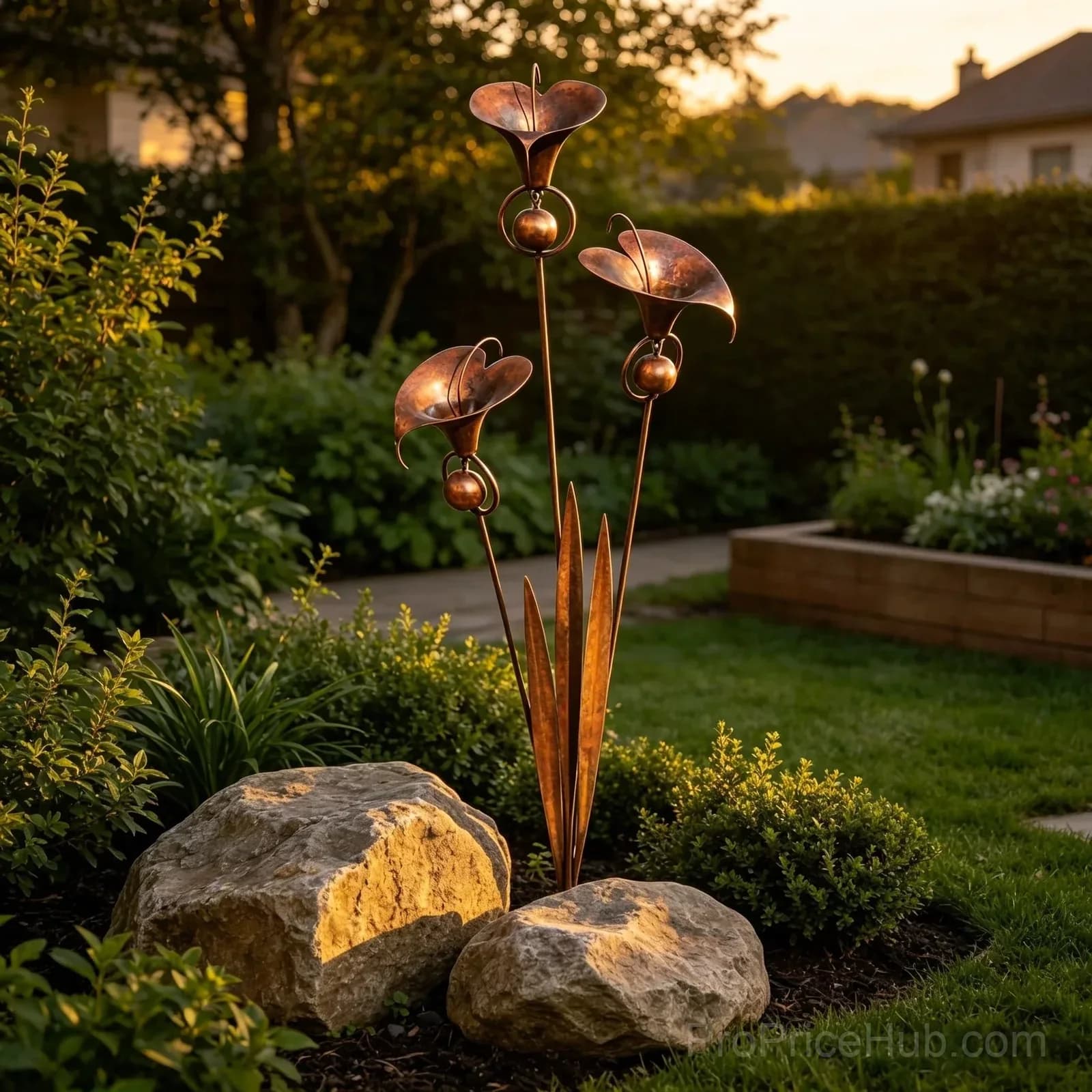 Flamed Copper Three Calla Lilies Garden Stake with Bells - View 10