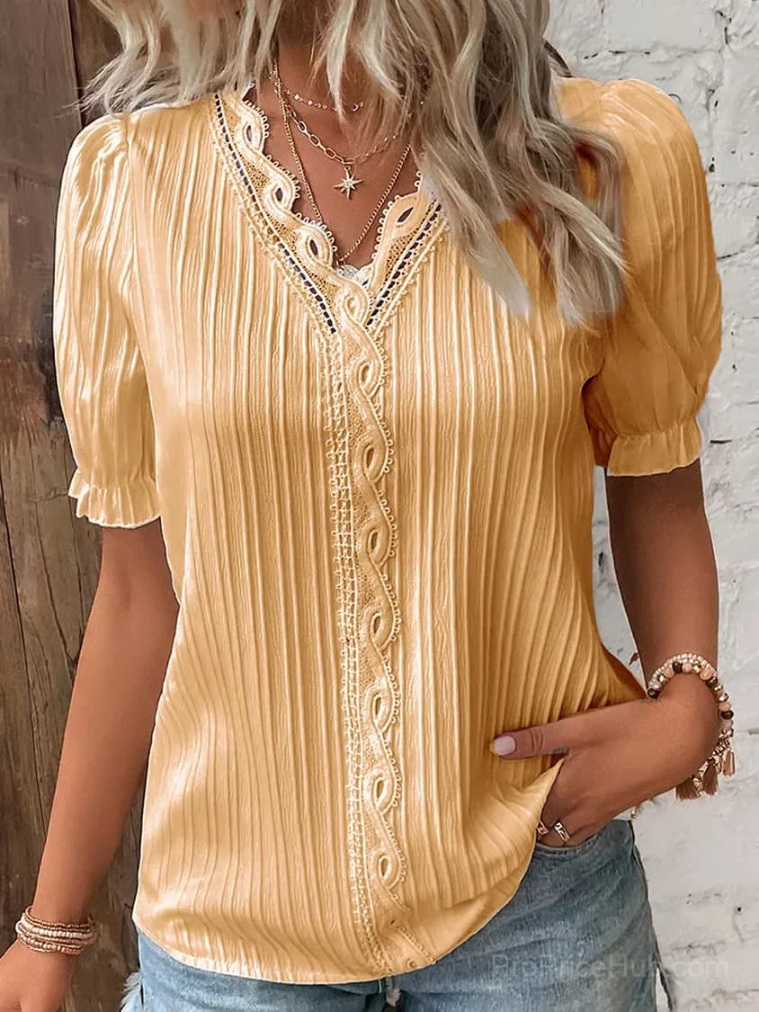 Elegant V-Neck Lace Blouse, White, Size S - View 6