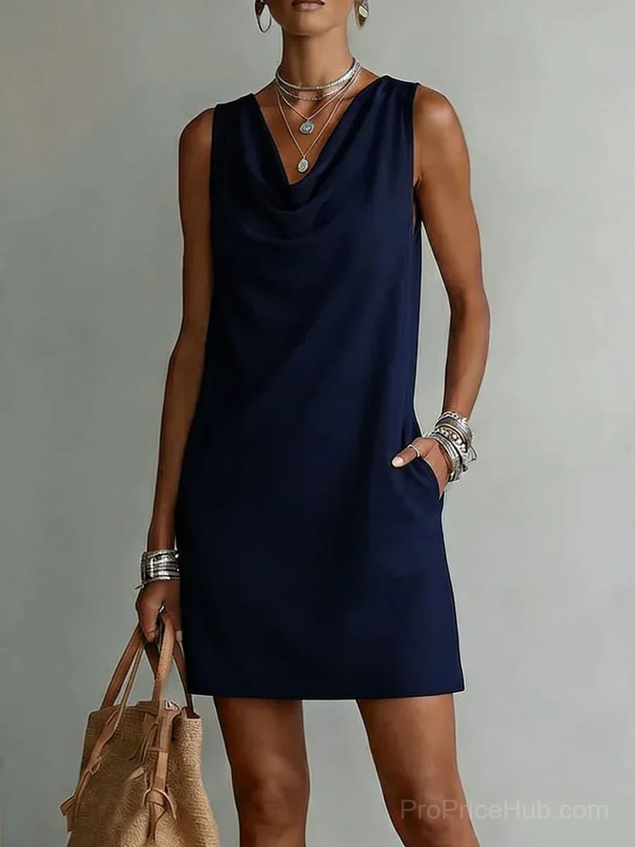 Sleeveless Cotton Dress with Draped Neckline - View 7
