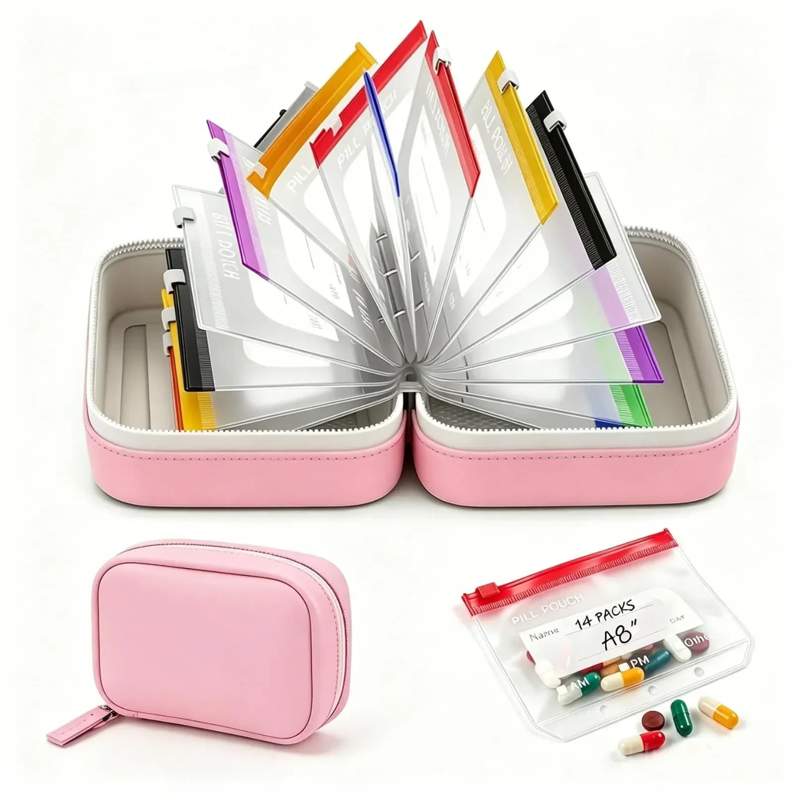 14-Piece Waterproof Crush-Resistant Travel Pill Pouch Set - Main