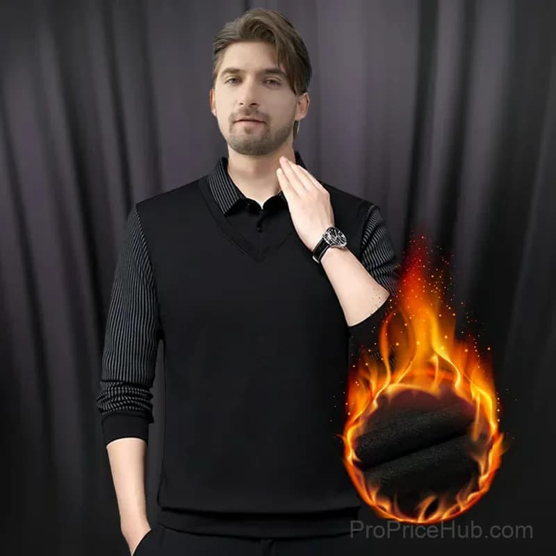 Men's Lapel Faux Two-Piece Knitted Shirt, Khaki, M - View 2