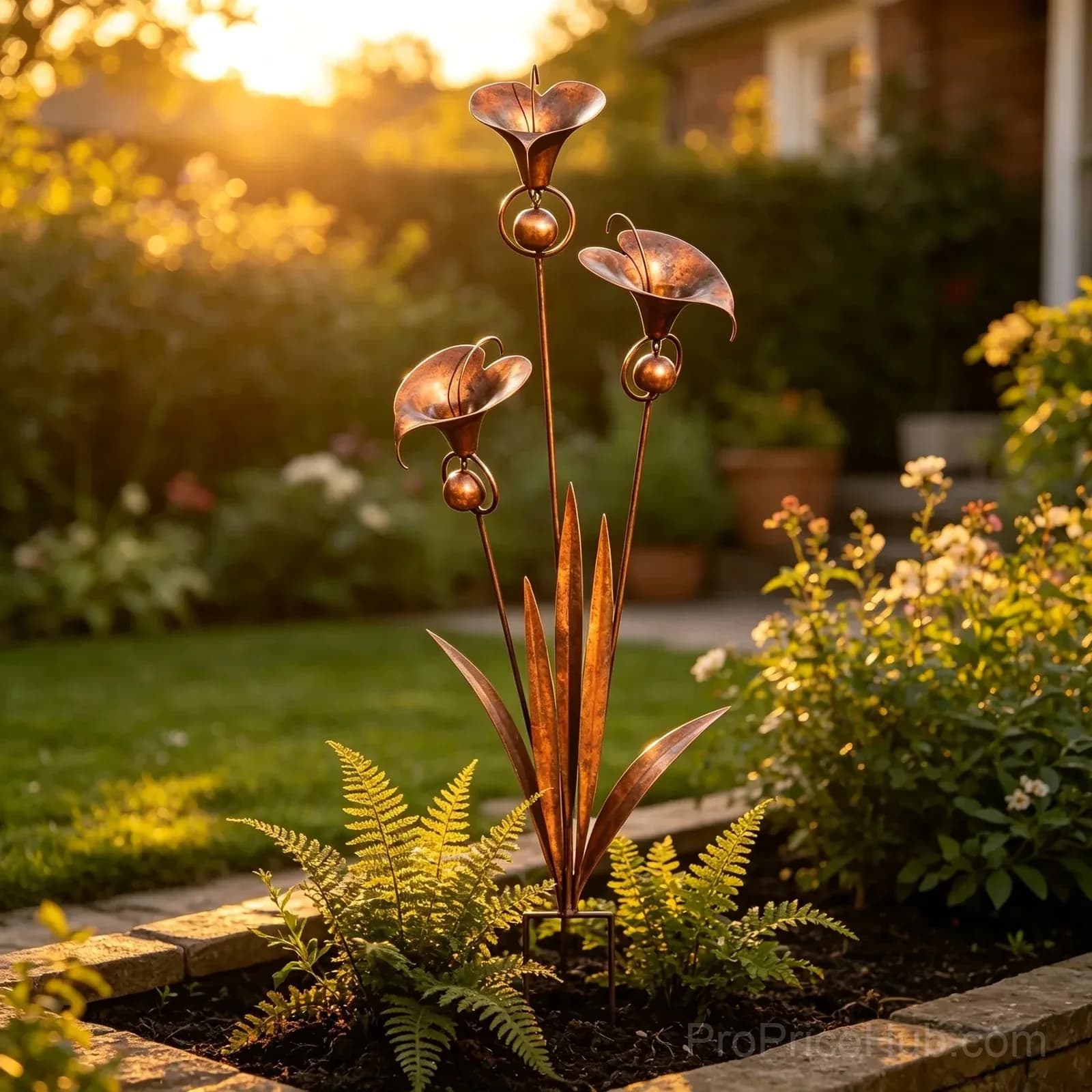 Flamed Copper Three Calla Lilies Garden Stake with Bells - View 11