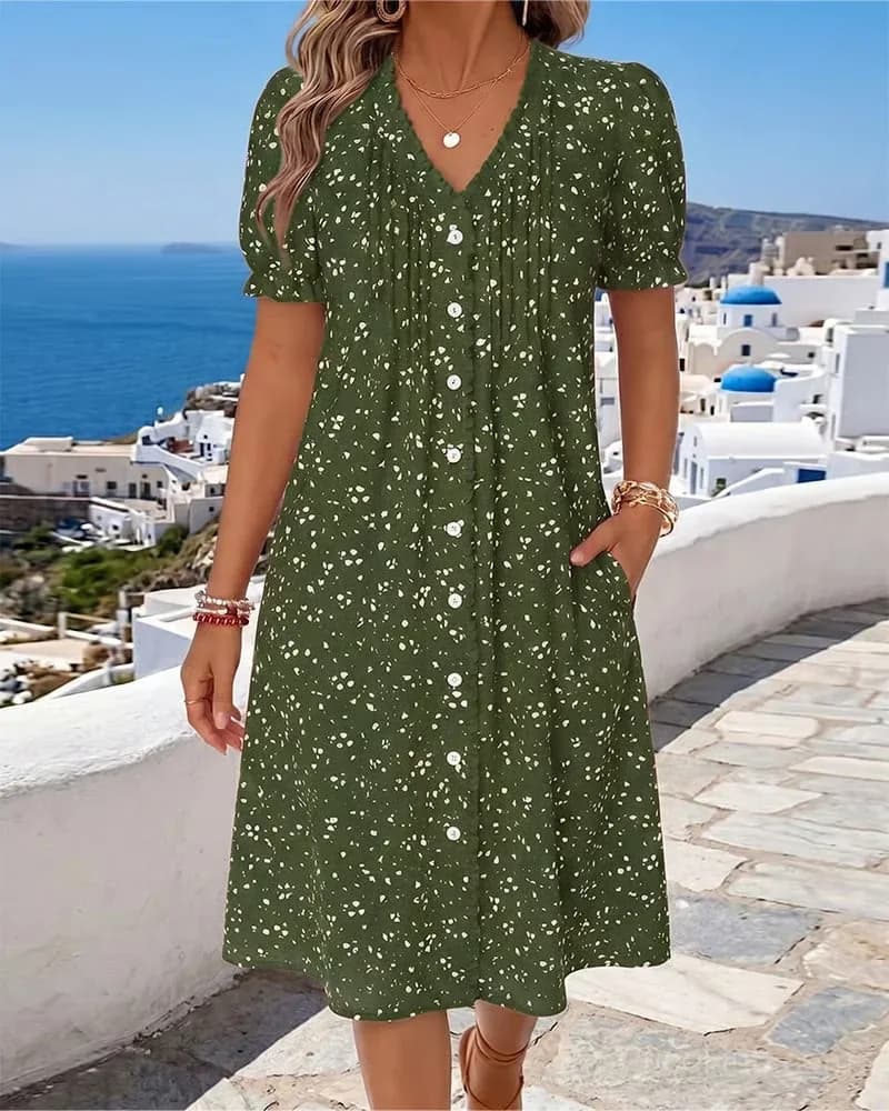 Floral V-Neck Button-Front Dress, Red, US 4/S - View 3