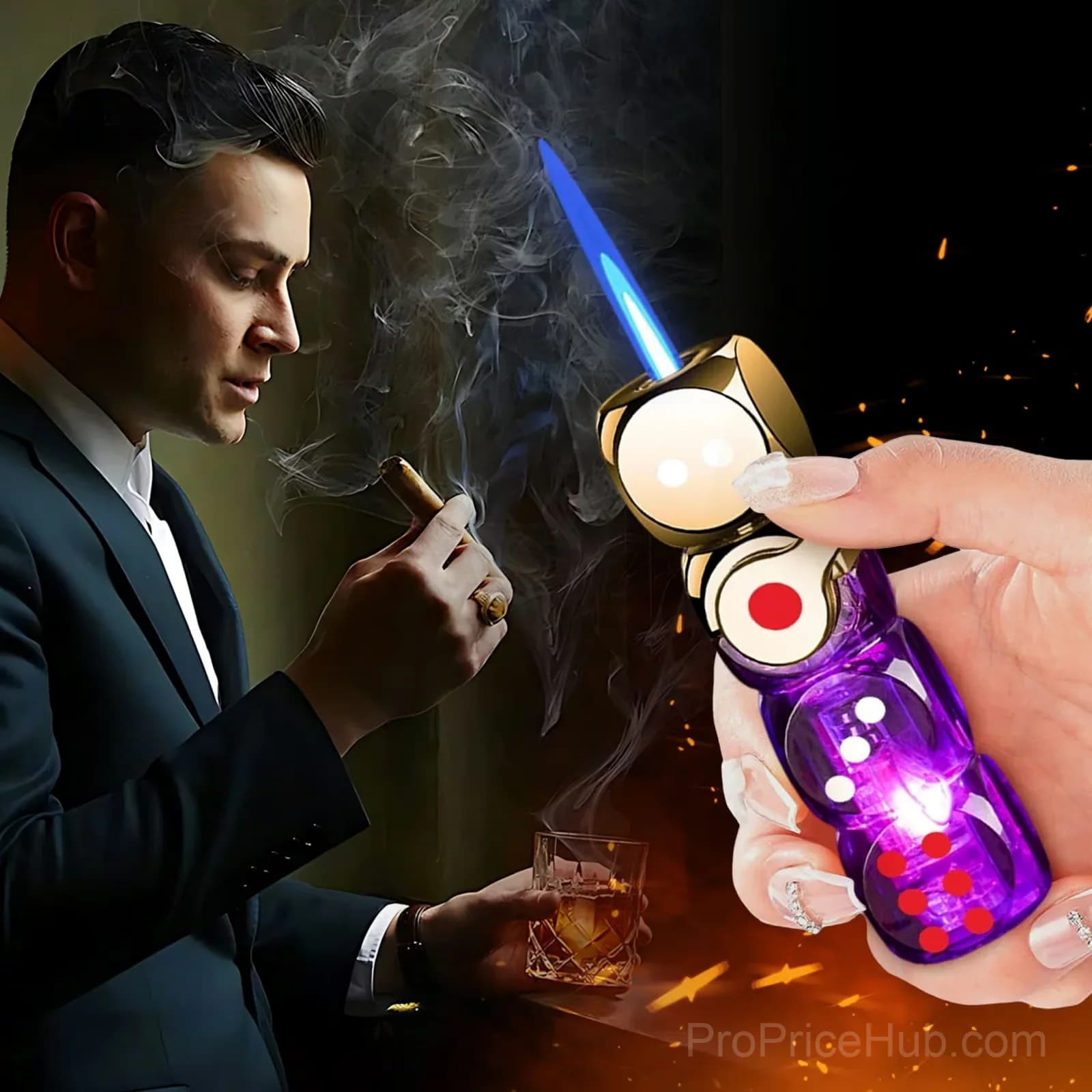 Purple 360° Spinning Dice Windproof Jet Flame Lighter with LED - View 18