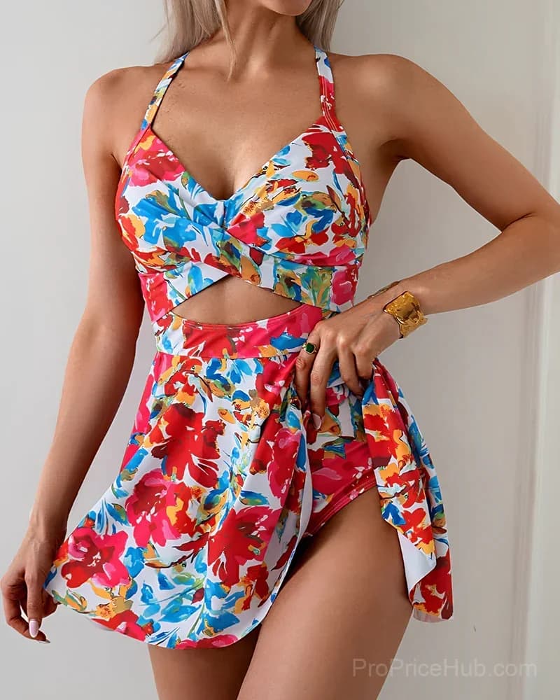 Women's Cutout One Piece Swimsuit with Skirt - Tummy Control High Waist - View 5