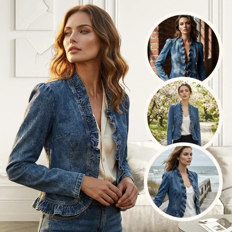 Women's Denim Jacket, Open Front, Ruffle Trim, Lightweight, Classic Wash - View 4