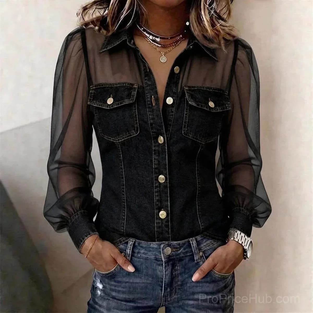 Women's Casual Denim Patchwork Chiffon Long Sleeve Blouse - View 5