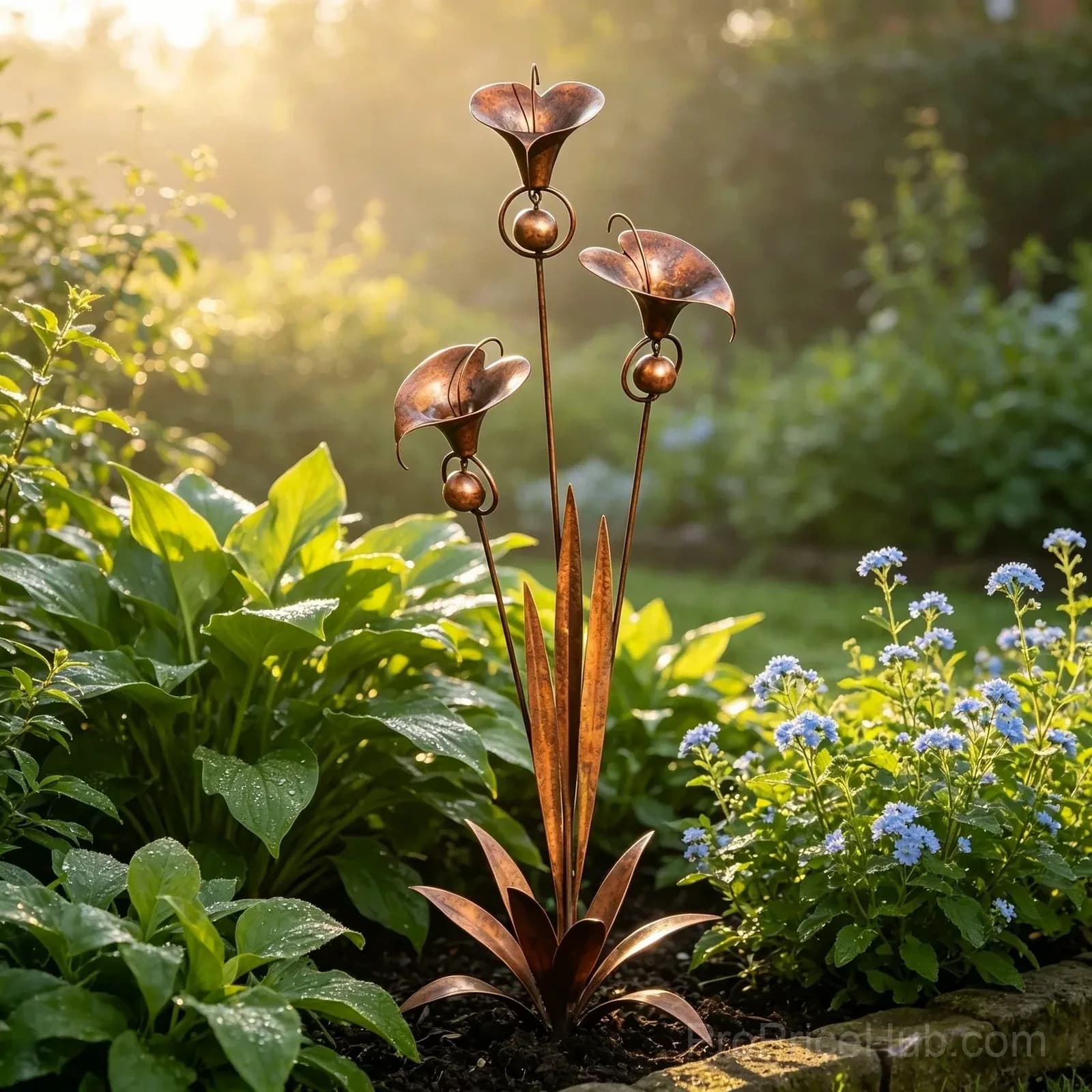 Flamed Copper Three Calla Lilies Garden Stake with Bells - View 13
