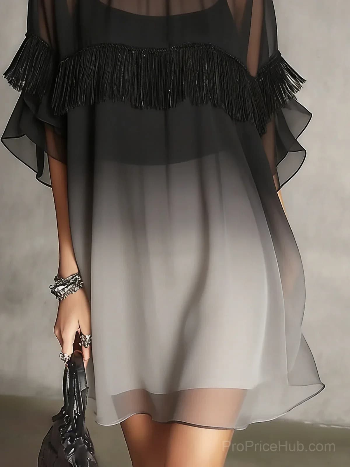 Black Ombre Sheer Fringe Detail Floaty Mini Dress - View 5