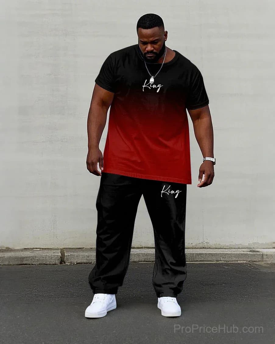 Men's Plus Size Red & Black Gradient King Print Tee & Pants Set - View 2