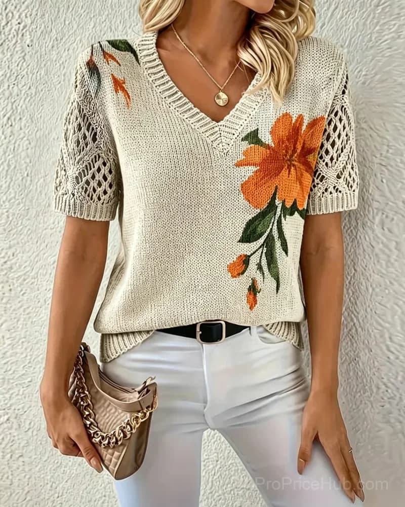 V-Neck Floral Knit Pullover Top, Beige, US 4/S - View 3