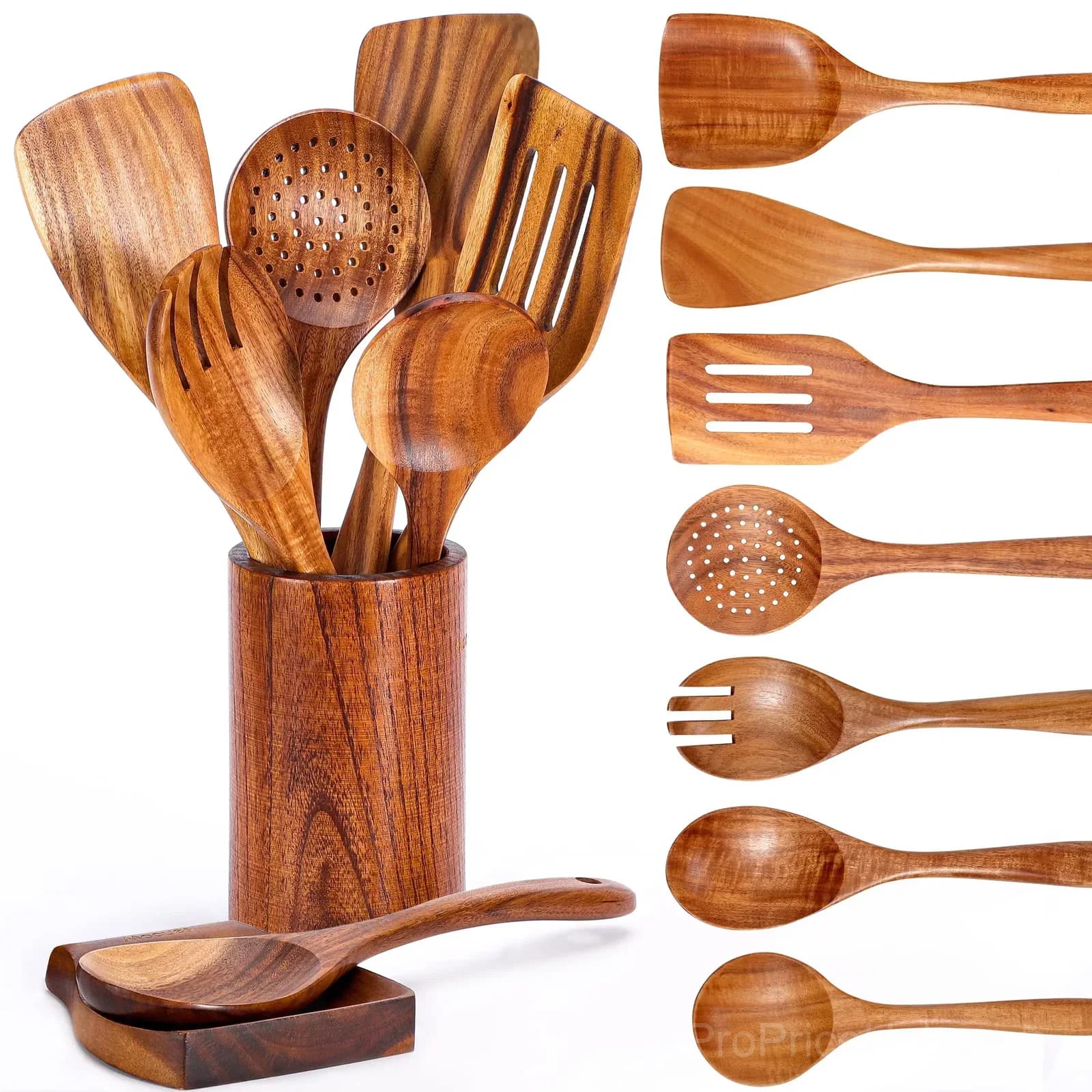 9-Piece Natural Teak Wooden Kitchen Utensil Set with Holder - Main