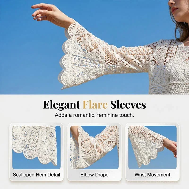 Women's Vintage Lace Cover-Up Blouse – Flare Sleeves Bohemian Beachwear - View 6