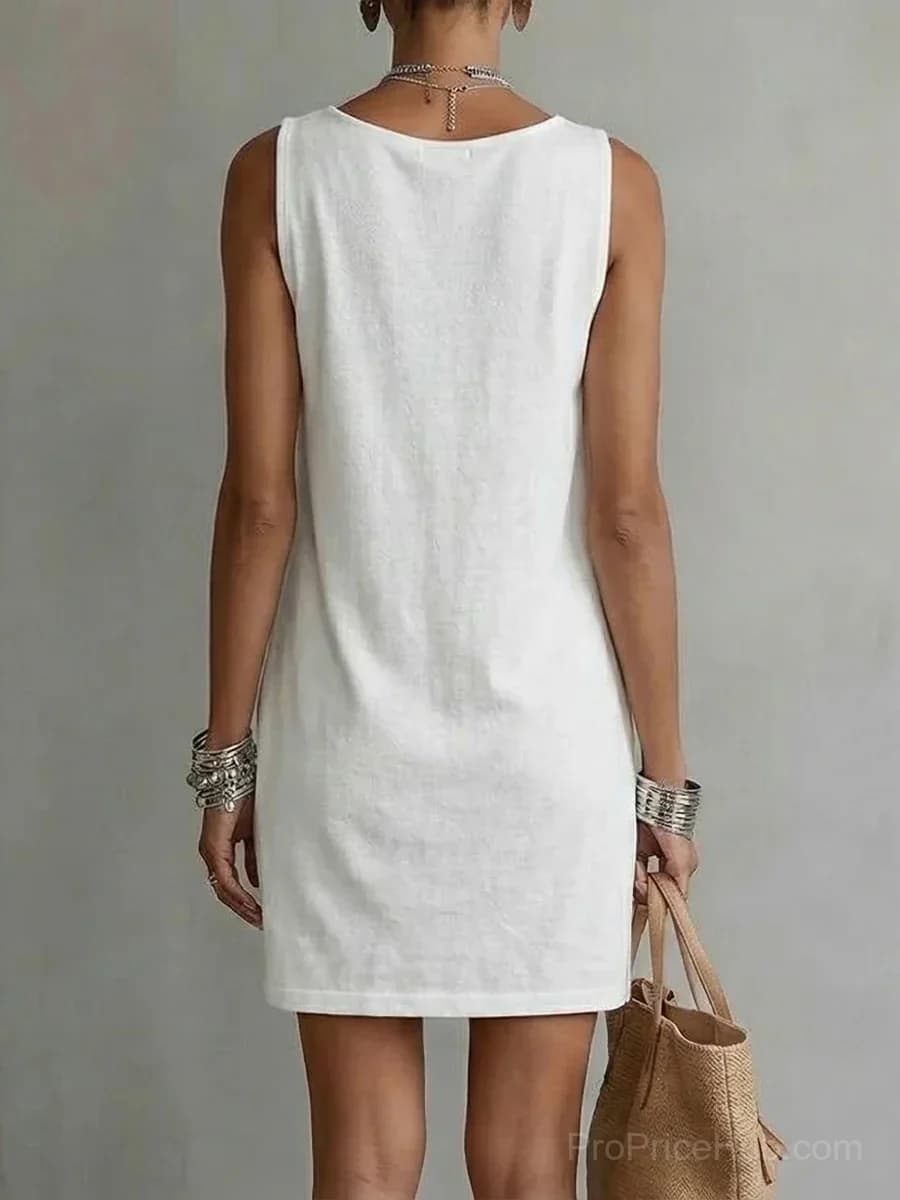 Sleeveless Cotton Dress with Draped Neckline - View 3